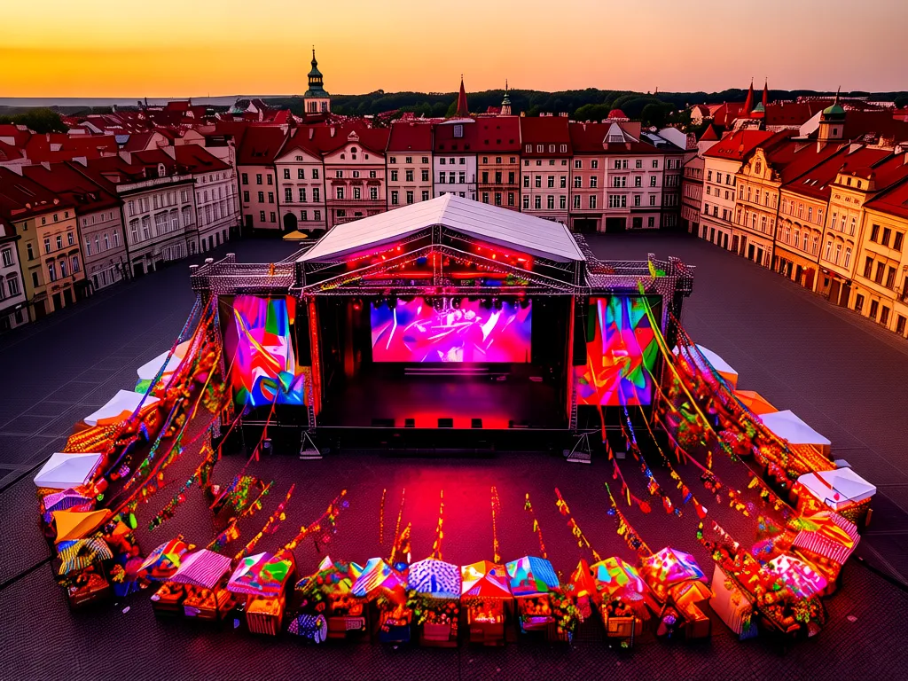 Scena festiwalowa przygotowana na dni chrzanowa 2026 na rynku miejskim z kolorowymi dekoracjami