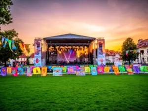 Scena festiwalowa w Parku Strażaka przygotowana na dni działoszyna 2026 z kolorowymi dekoracjami