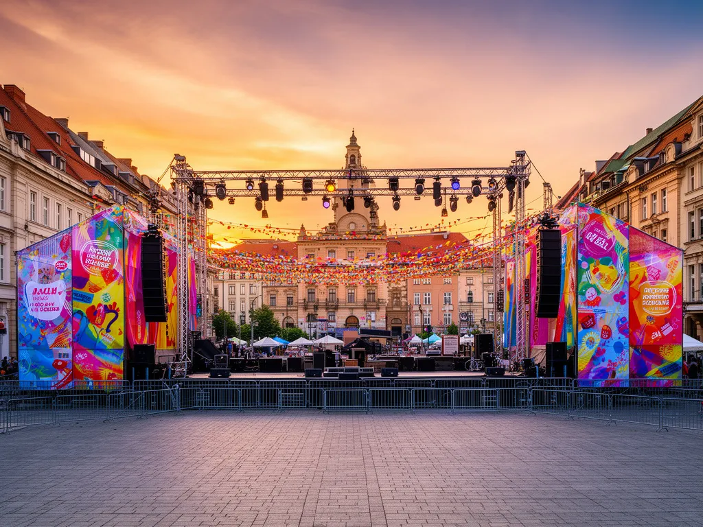 Scena festiwalowa przygotowana na Dni Jaworzna 2026 z kolorowymi dekoracjami i oświetleniem