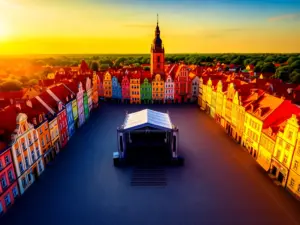 Rynek w Kościanie przygotowany na dni kościana 2026 z sceną koncertową i kolorowymi kamienicami w tle