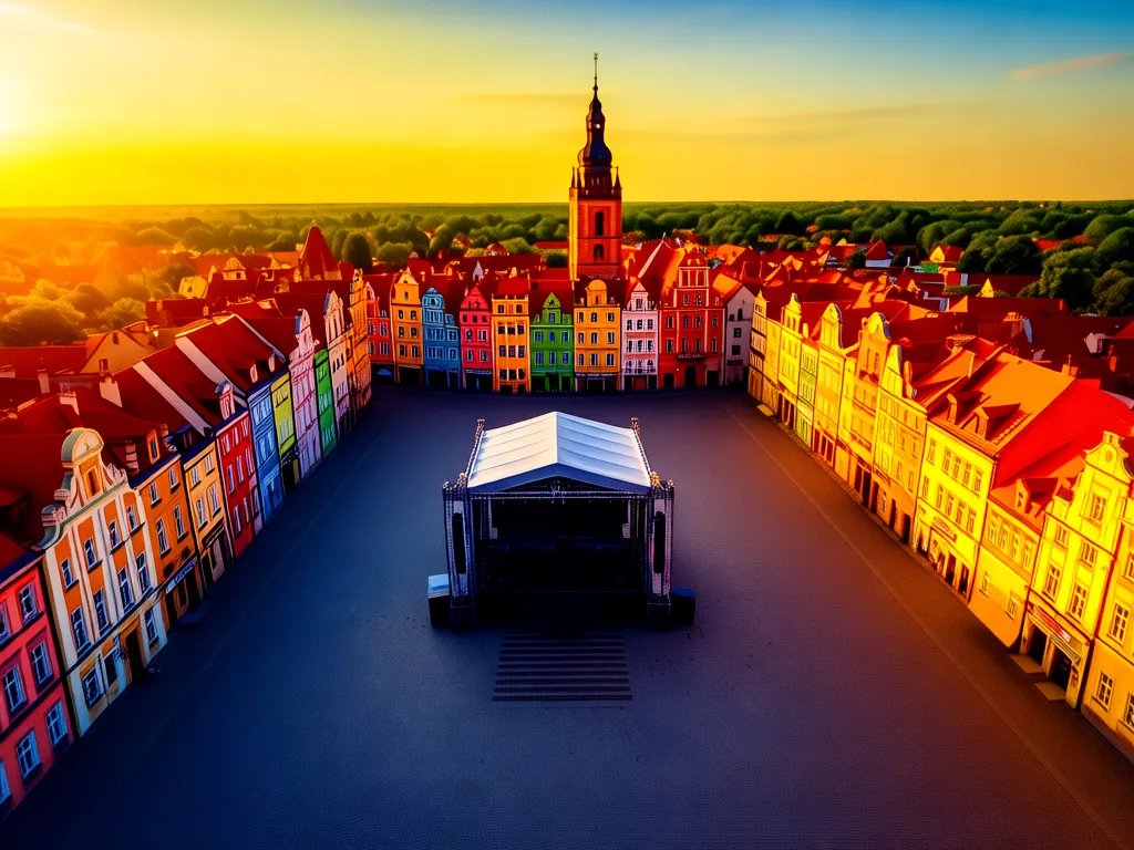 Rynek w Kościanie przygotowany na dni kościana 2026 z sceną koncertową i kolorowymi kamienicami w tle