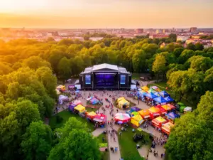 Park Miejski w Legnicy przygotowany na Dni Legnicy 2026 ze sceną główną i namiotami festiwalowymi