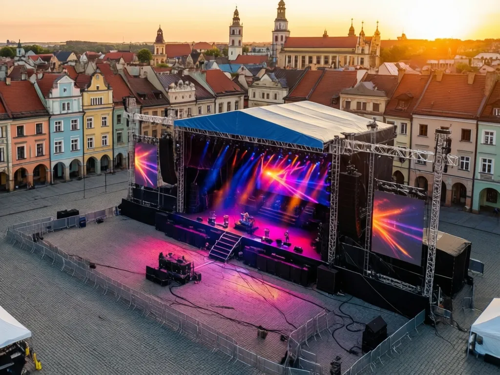 Scena festiwalowa przygotowana na dni Lubina z kolorowymi światłami i dekoracjami w centrum miasta