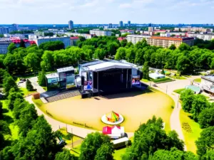 Park Papieski w Luboni przygotowany na Dni Lubonia 2026 z sceną koncertową i namiotami festiwalowymi