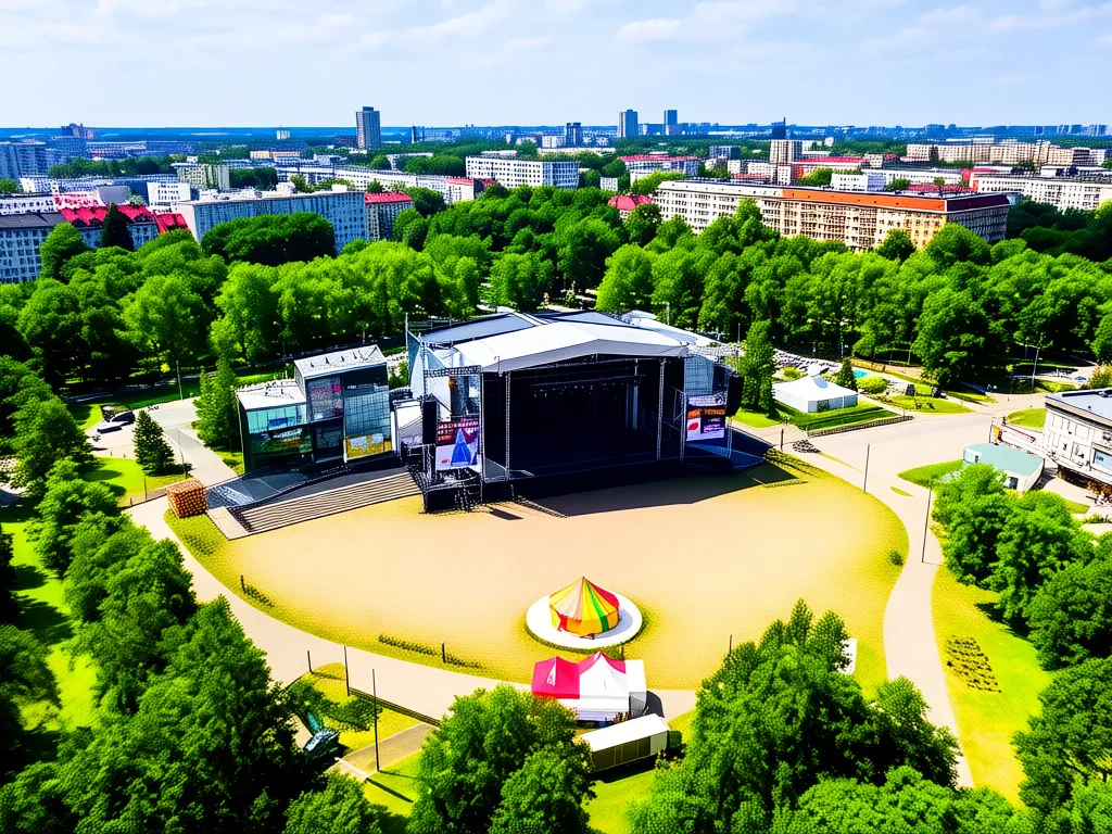Park Papieski w Luboni przygotowany na Dni Lubonia 2026 z sceną koncertową i namiotami festiwalowymi