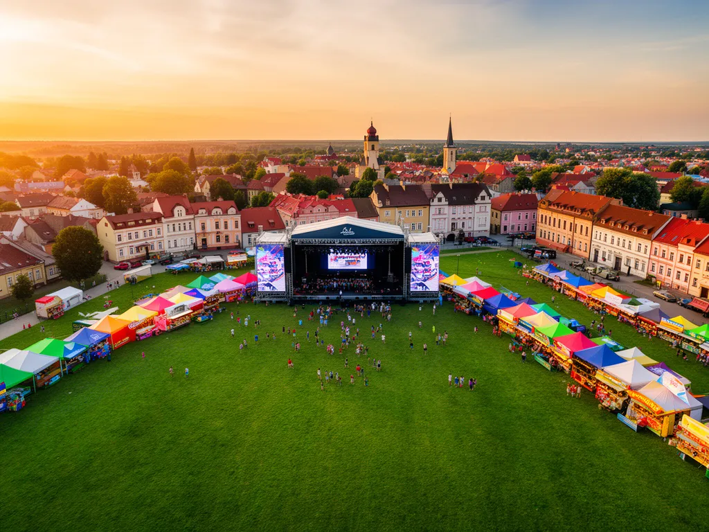 Błonia Namysłowskie przygotowane na Dni Namysłowa 2026 ze sceną główną i strefami gastronomicznymi