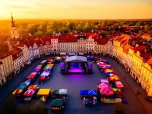Rynek w Nysie przygotowany na Dni Nysy 2026 z sceną koncertową i kolorowymi straganami