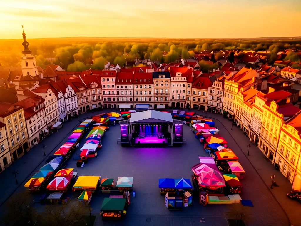 Rynek w Nysie przygotowany na Dni Nysy 2026 z sceną koncertową i kolorowymi straganami