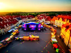Plac targowy w Odolanowie przygotowany na dni odolanowa 2026 z sceną i stoiskami festynowymi