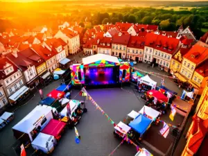 Rynek w Oleśnie przygotowany na dni olesna 2026 z sceną i namiotami festiwalowymi