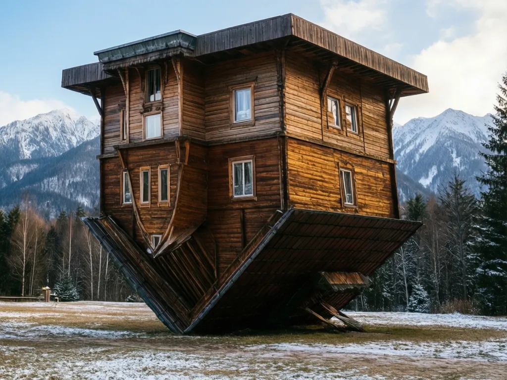 Dom do góry nogami Zakopane - odwrócony budynek przy alei 3 Maja w centrum miasta na tle Tatr