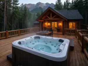 Drewniany domek z jacuzzi na tarasie otoczony lasem – idealne miejsce na relaks i wypoczynek w górach