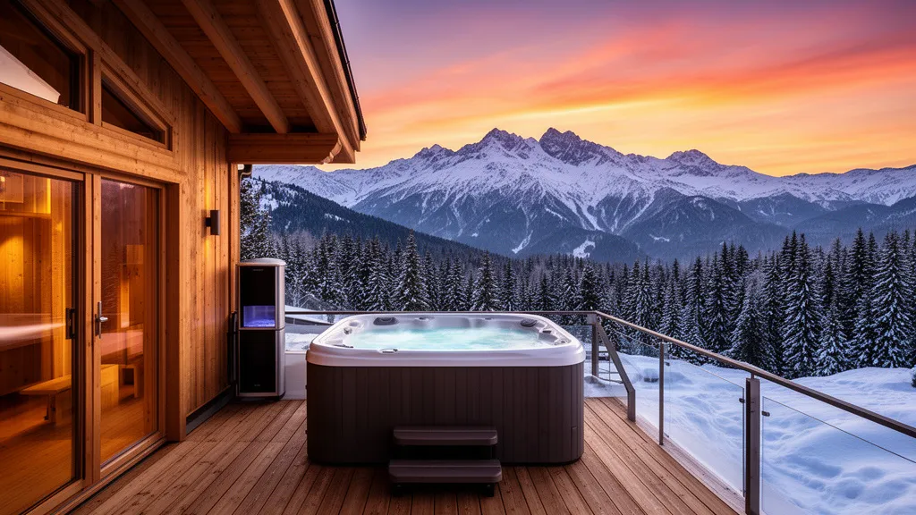 Widok na Tatry z tarasu gdzie znajduje się jacuzzi przy domku z jacuzzi Zakopane zimą o zachodzie słońca