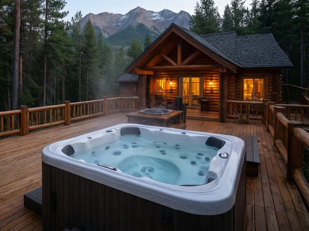 Drewniany domek z jacuzzi na tarasie otoczony lasem – idealne miejsce na relaks i wypoczynek w górach