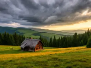 Drewniany domek w Bieszczadach otoczony zielonymi połoninami i lasami – idealne miejsce na wypoczynek