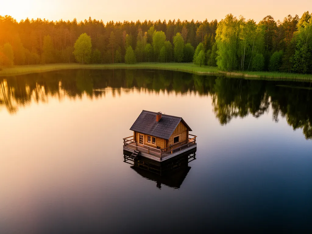 Domki na wodzie Mazury - pływający drewniany domek na spokojnym mazurskim jeziorze otoczonym lasem