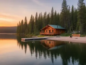 Domki nad jeziorem z psem - drewniany domek wypoczynkowy z pomostem nad taflą wody otoczony lasem sosnowym