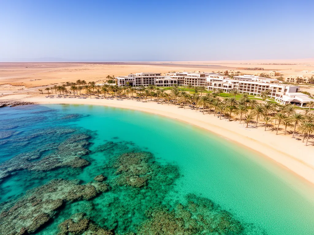 Widok na luksusowy hotel w Egipcie Marsa Alam all inclusive z plażą i rafą koralową Morza Czerwonego
