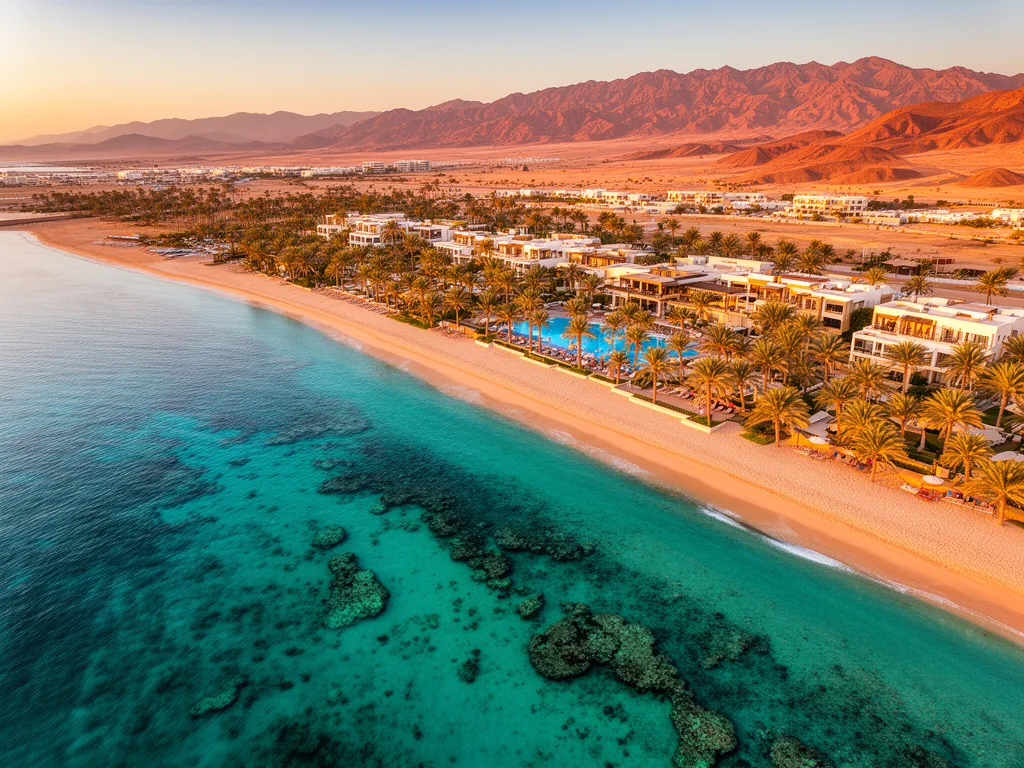 Widok na luksusowy hotel nad Morzem Czerwonym w kurorcie Egipt Sharm El Sheikh all inclusive z rafami koralowymi