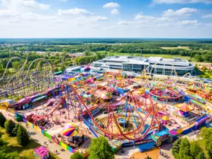 Energylandia atrakcje - widok na rollercoastery i strefy tematyczne największego parku rozrywki w Polsce