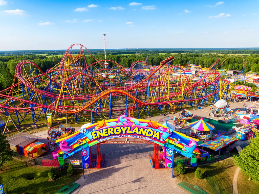 Energylandia bilety cena - widok na park rozrywki z kolorowymi rollercoasterami i atrakcjami w Zatorze