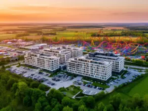Nowoczesne hotele i energylandia noclegi w pobliżu parku rozrywki w Zatorze widok z lotu ptaka
