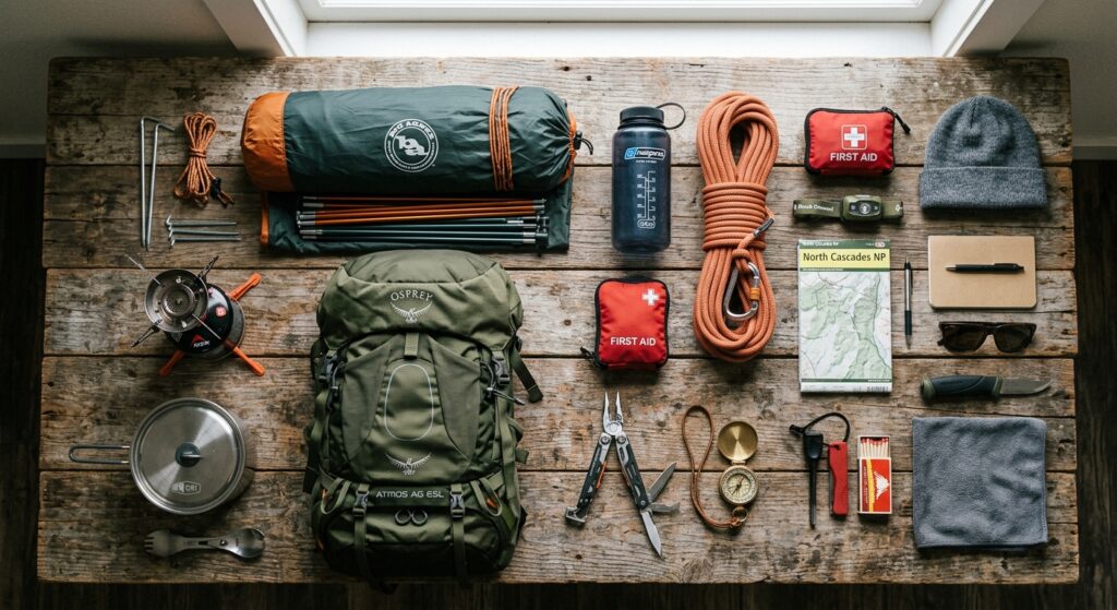 A flat lay photography of essential outdoor survival gear neatly organized on a rustic wooden backgr