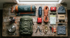 A flat lay photography of essential outdoor survival gear neatly organized on a rustic wooden backgr
