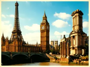 Europejskie wakacje cda - kultowe miejsca z filmu including wieża Eiffla i Big Ben na tle błękitnego nieba