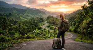 An editorial-style photograph of a traveler with a backpack standing on a scenic, remote winding roa