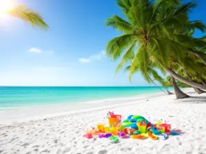 Tropikalna plaża z palmami i akcesoriami plażowymi - idealne tło dla fryzury na wakacje latem 2026