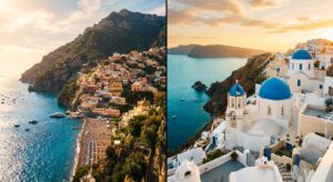A high-quality editorial split-screen image juxtaposing the vibrant Amalfi Coast in Italy with the i