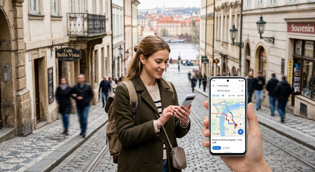 A professional, high-angle editorial photograph of a traveler standing on a European city street hol