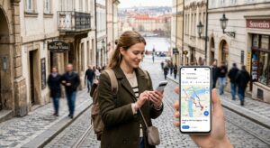 A professional, high-angle editorial photograph of a traveler standing on a European city street hol