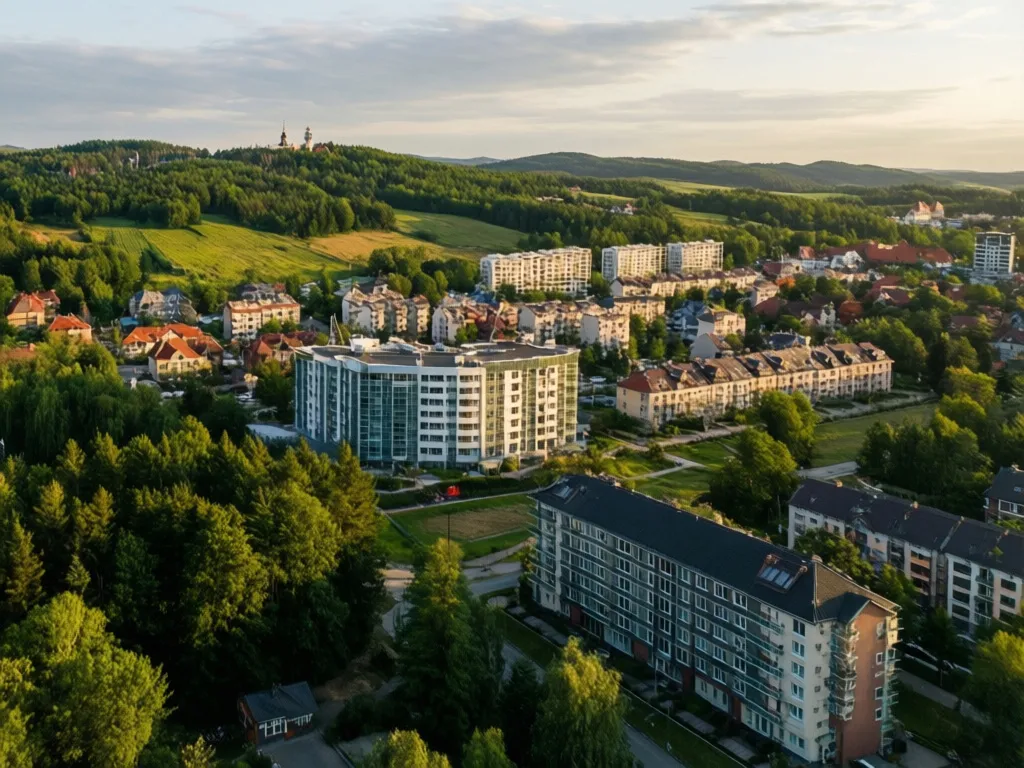 Gdańsk Kiełpino - widok na dzielnicę na granicy miasta i malowniczych Kaszub z zielenią i zabudową mieszkalną