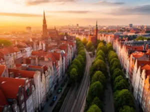 Widok na dzielnicę Gdańsk Siedlce z charakterystyczną zabudową mieszkaniową i zielenią miejską