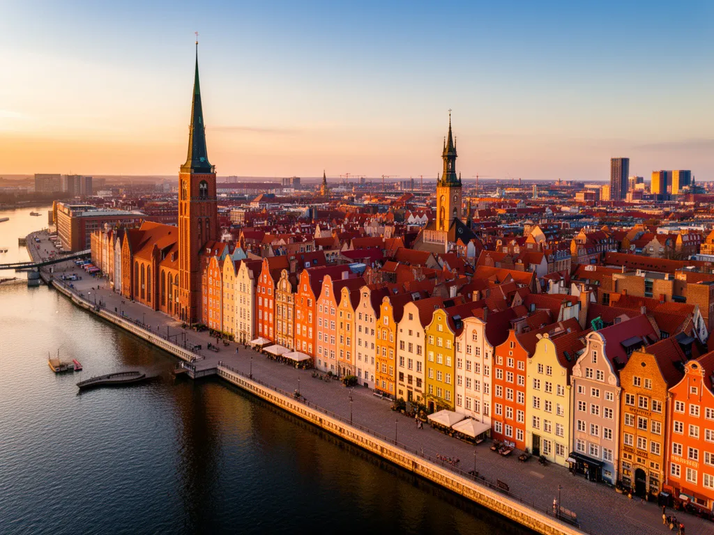 Gdańsk Śródmieście - widok na centrum miasta z historyczną zabudową i rzeką Motławą w tle