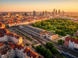Widok na dworzec kolejowy i centrum dzielnicy Gdańsk Wrzeszcz z lotu ptaka