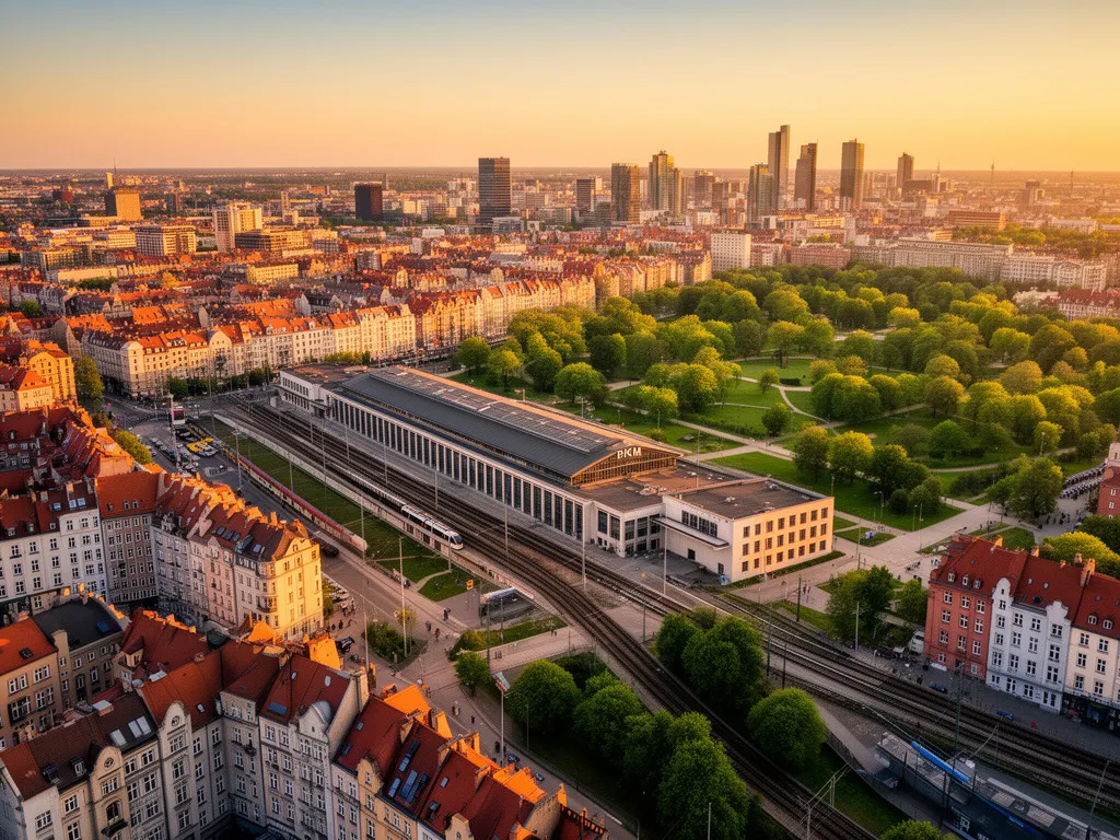 Widok na dworzec kolejowy i centrum dzielnicy Gdańsk Wrzeszcz z lotu ptaka