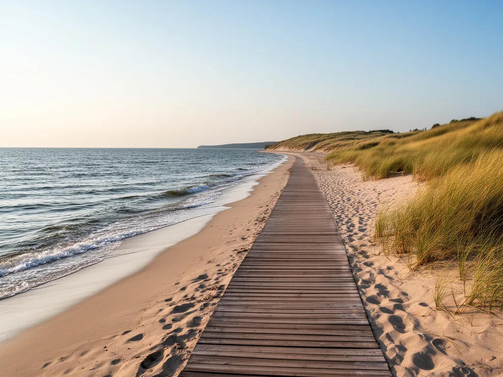 Spokojna plaża nad Bałtykiem idealna na wakacje z 6-miesięcznym dzieckiem w Polsce z drewnianym pomostem i wydmami