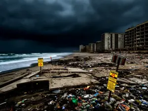 Zdewastowana plaża turystyczna symbolizująca miejsca gdzie nie jechać na wakacje ze względu na przeludnienie