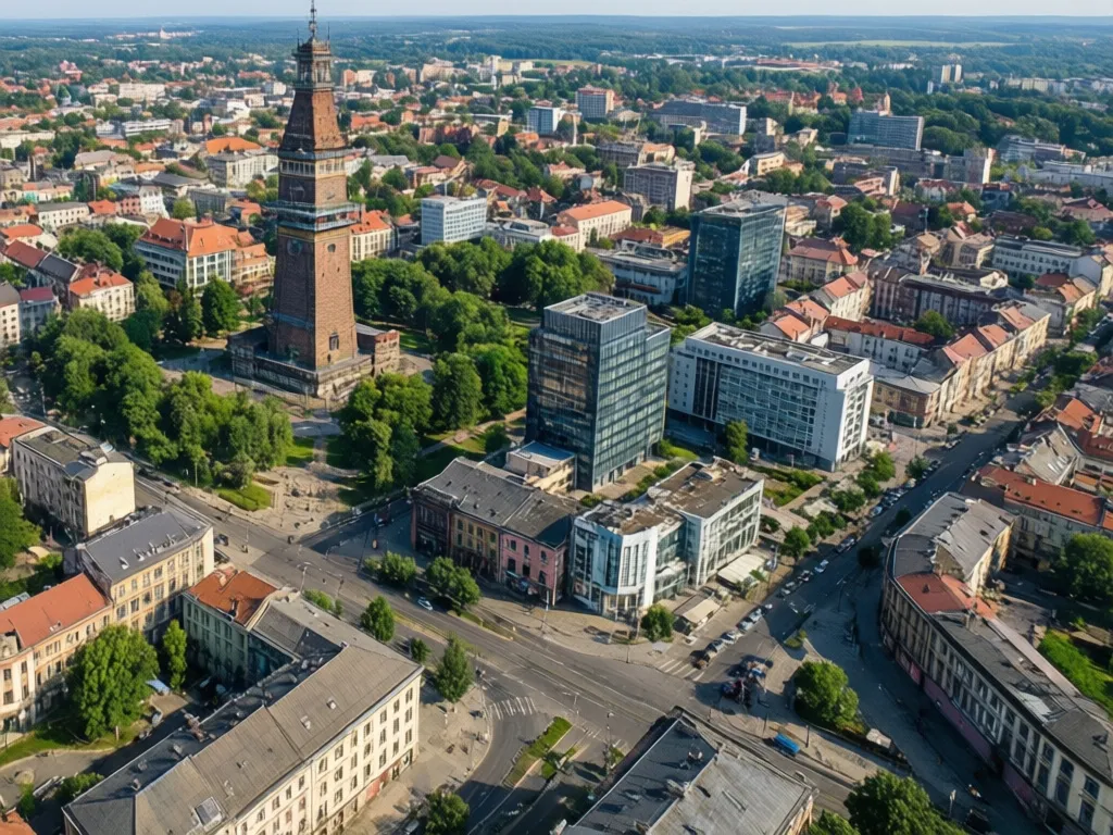 Gliwice mapa - widok z lotu ptaka na centrum miasta z charakterystyczną radiostacją i układem ulic
