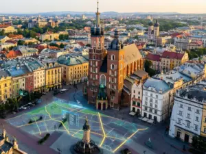 Widok Rynku Głównego w Krakowie z perspektywy google maps krakow pokazujący historyczne kamienice i Bazylika Mariacką