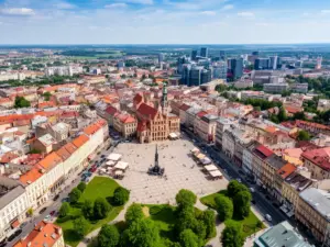 Widok z lotu ptaka na centrum Rzeszowa z Rynkiem – nawigacja google maps rzeszów ułatwia poruszanie się po mieście