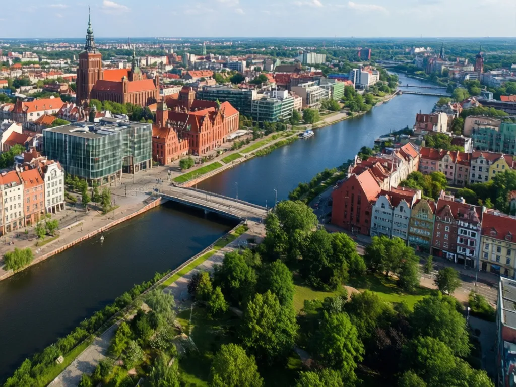 Widok na centrum Szczecina z lotu ptaka – nawigacja google maps szczecin po najważniejszych miejscach miasta nad Odrą