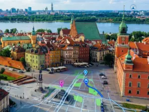Google Maps Warszawa - widok na Starówkę i Zamek Królewski z cyfrową nawigacją i trasami na mapie
