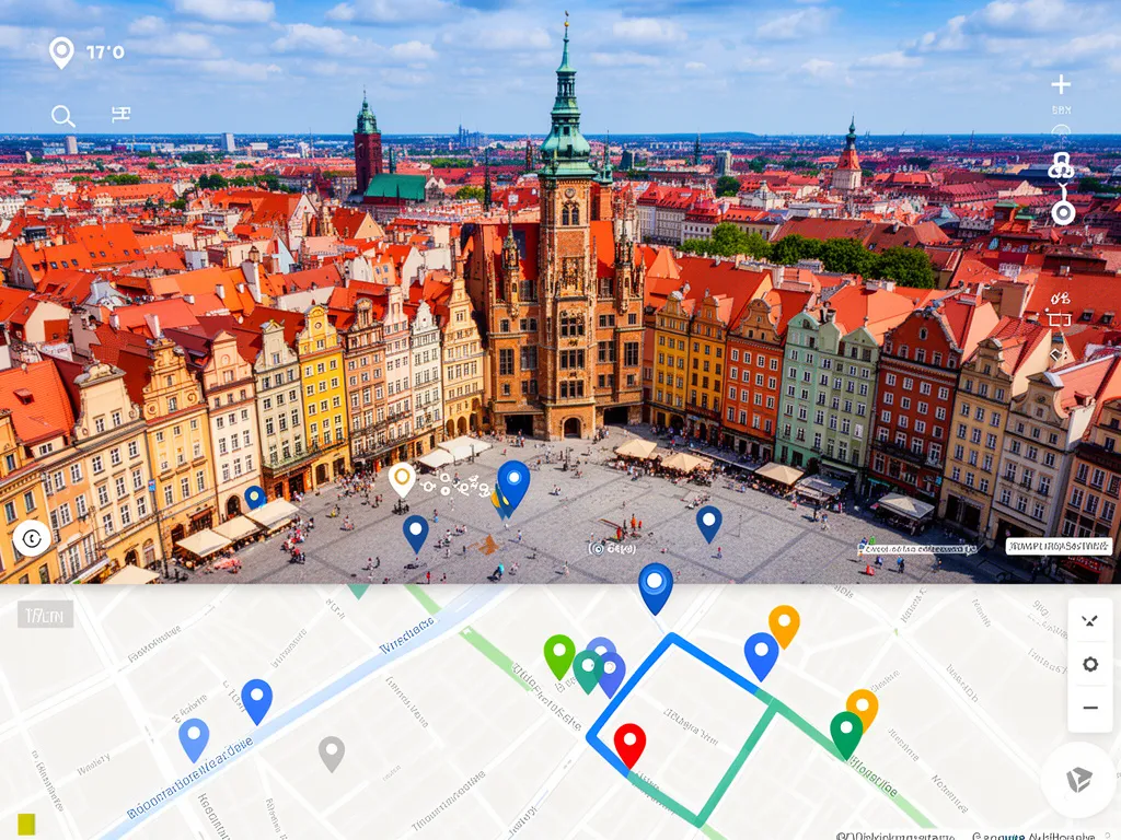 Google Maps Wrocław - widok na Rynek z cyfrową nakładką nawigacyjną i pinezkami lokalizacji