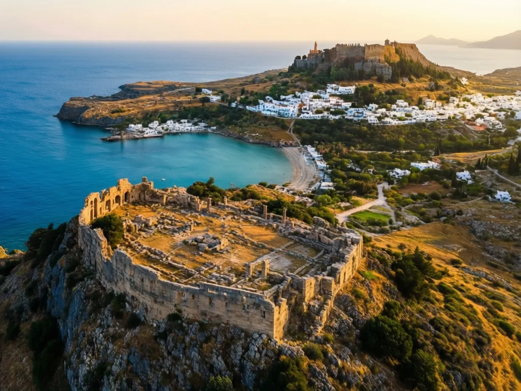 Grecja Rodos wakacje - starożytna Akropolis w Lindos nad lazurową zatoką Morza Śródziemnego