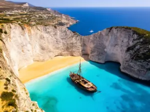 Grecja Zakynthos – widok na słynną Zatokę Wraku z turkusową wodą i białymi klifami