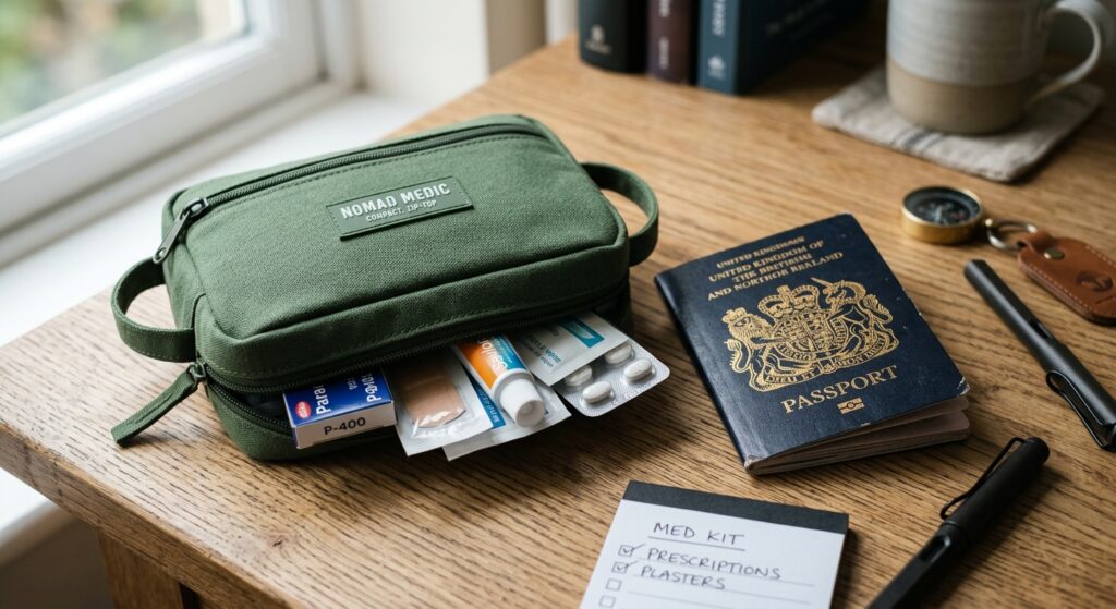 A professional editorial close-up of a well-organized travel medical kit and a passport on a clean w